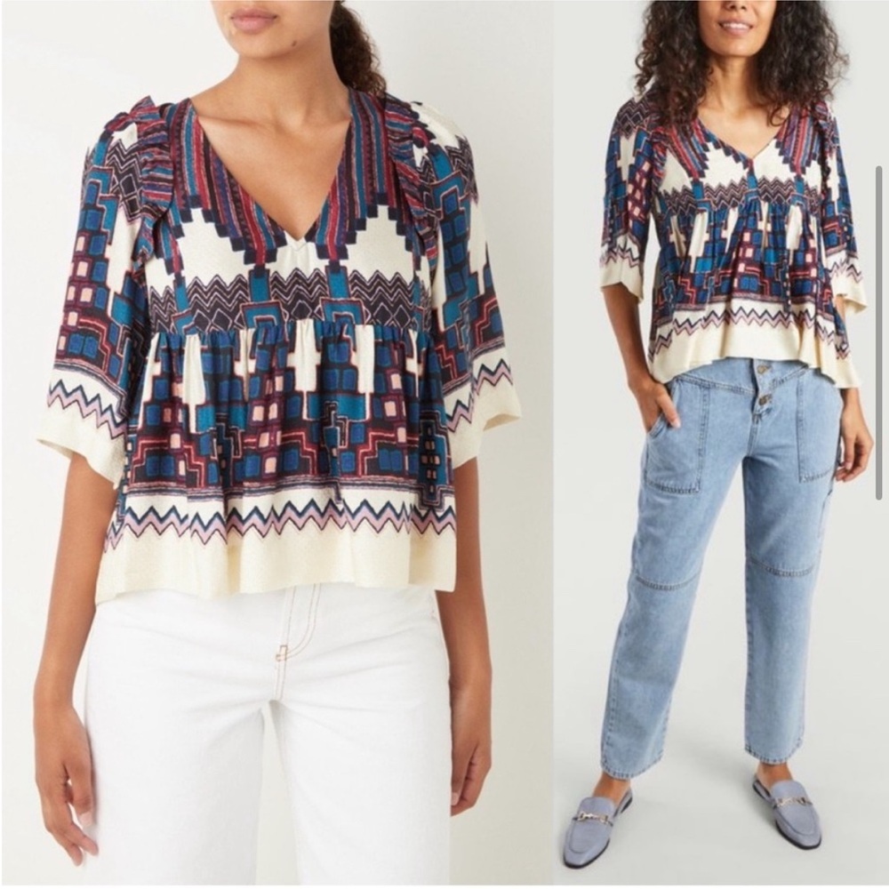 ba&sh - women’s Marry printed flared Elbow sleeve Blouse V-Neck viscose Top SZ M
